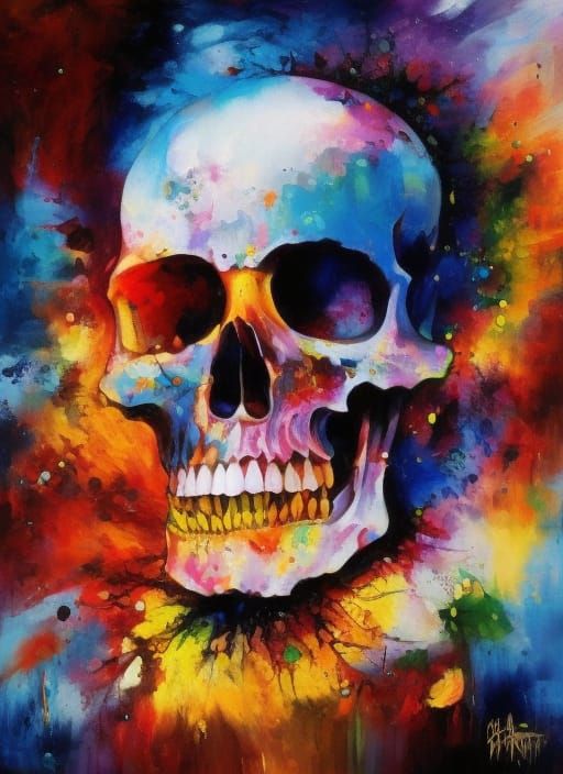 Skull Exploding into Paint Burst in Gouache Style
