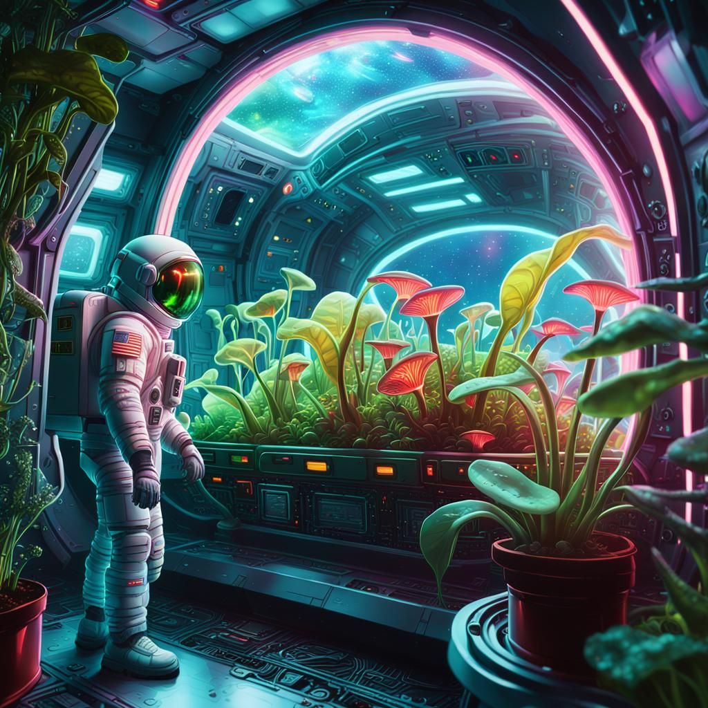 Astronaut and Plant in Spaceship Lab, Anime Style