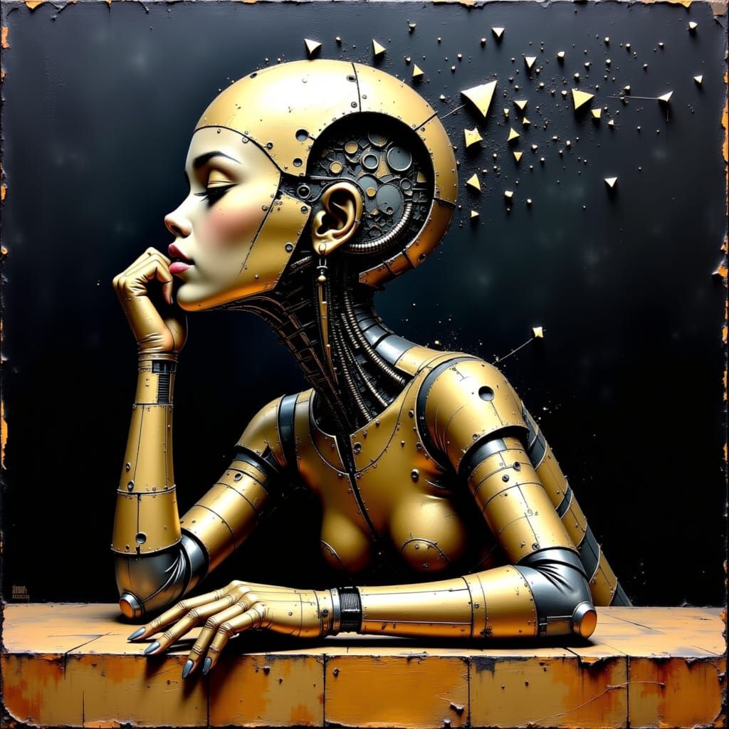 Metallic Humanoid in Contemplation: Impasto Oil Painting