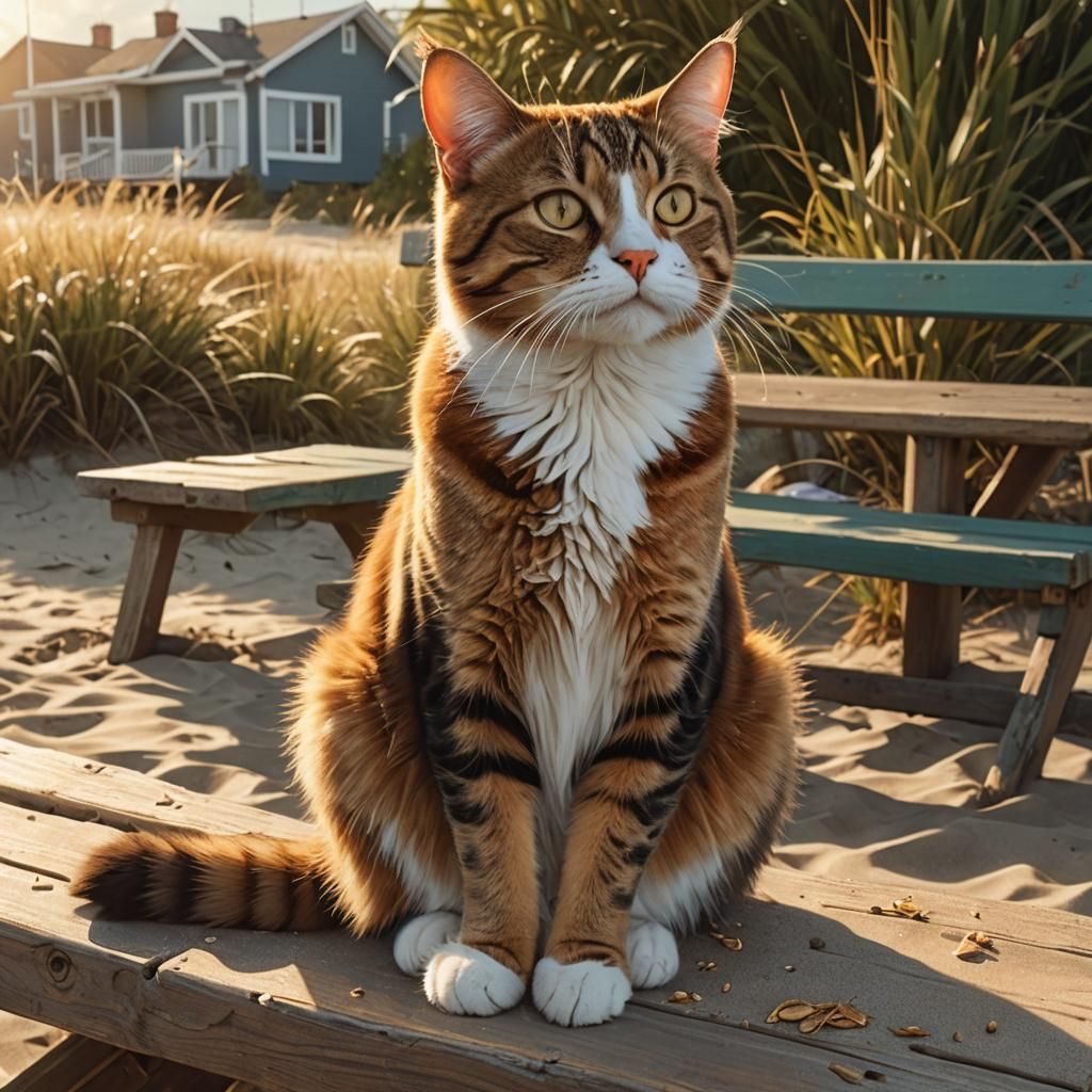 Tricolor Tabby Cat on Beach in Digital Painting