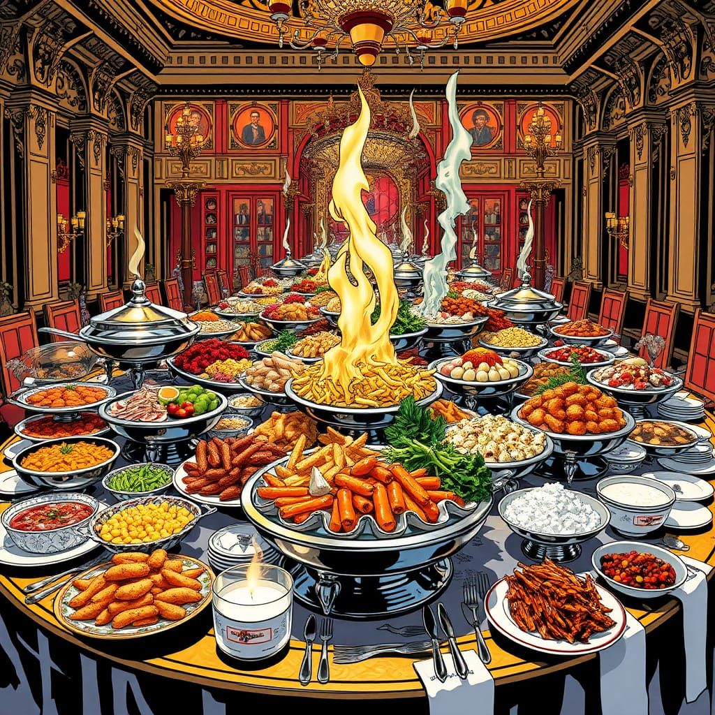 Luxurious International Cuisine Buffet in Comic Book Style