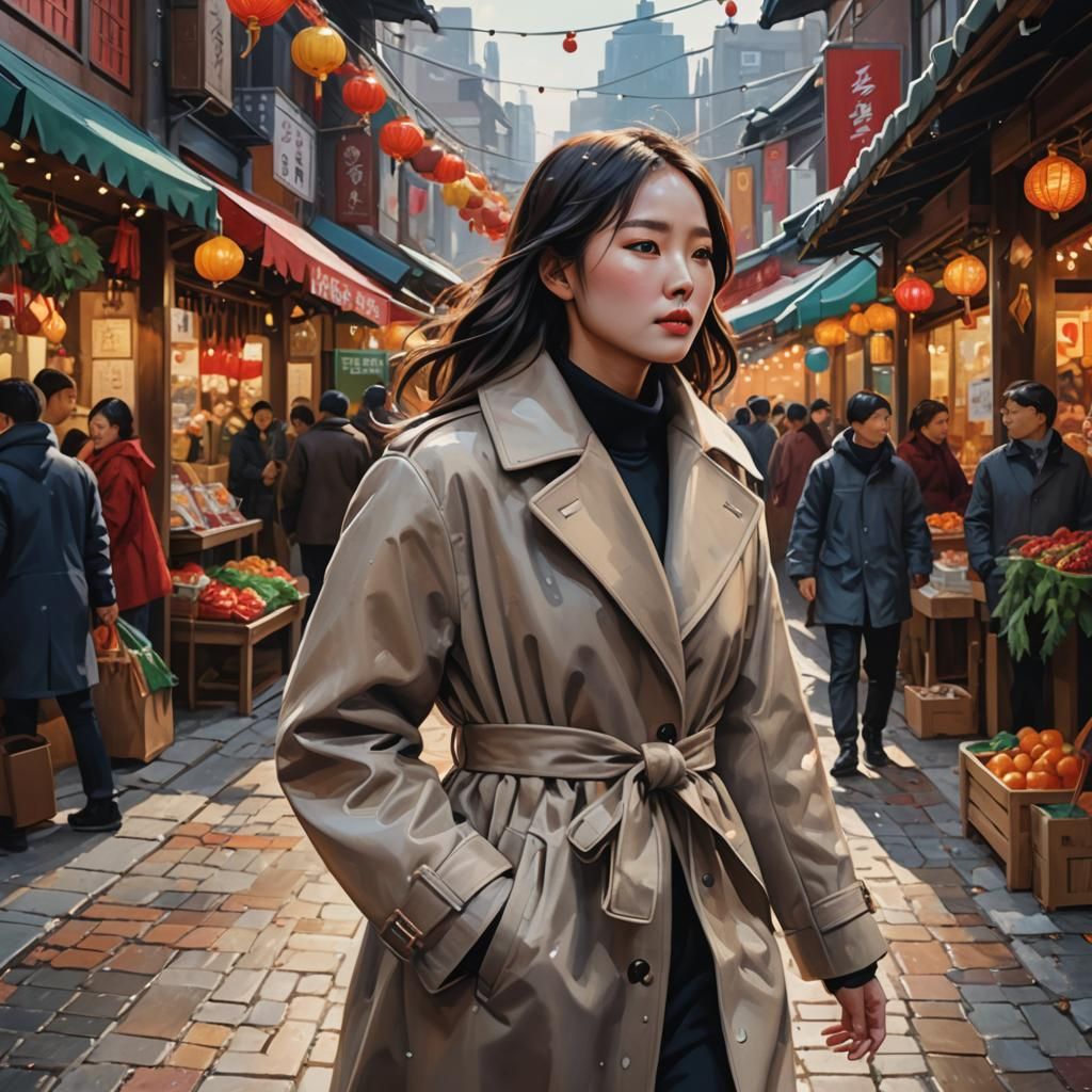 Korean Girl in Chic Coat at Holiday Market
