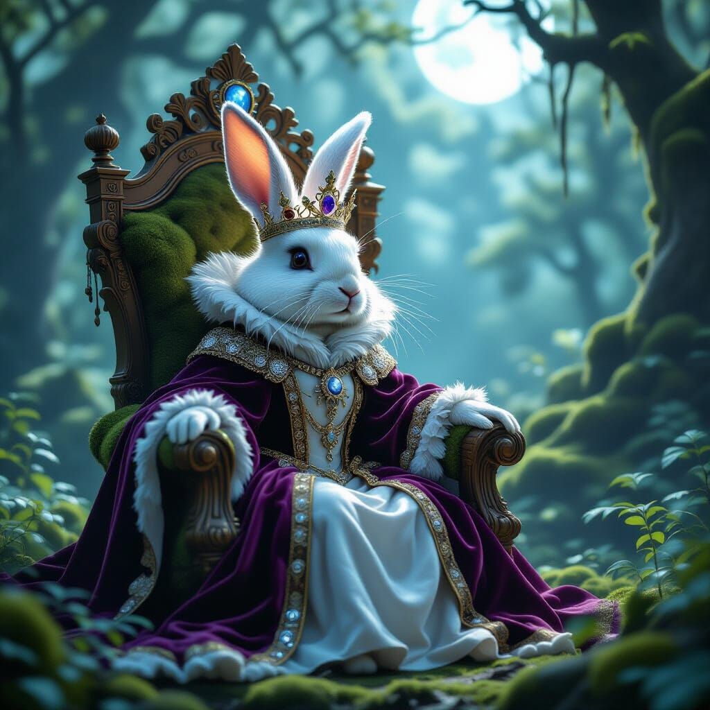Regal Rabbit Queen in Moonlit Enchanted Forest