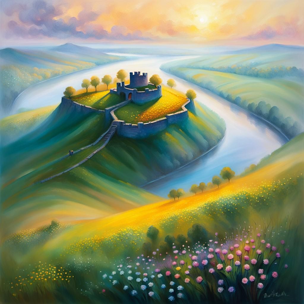 Surreal Ancient Hill Fort Landscape in Oil Paint