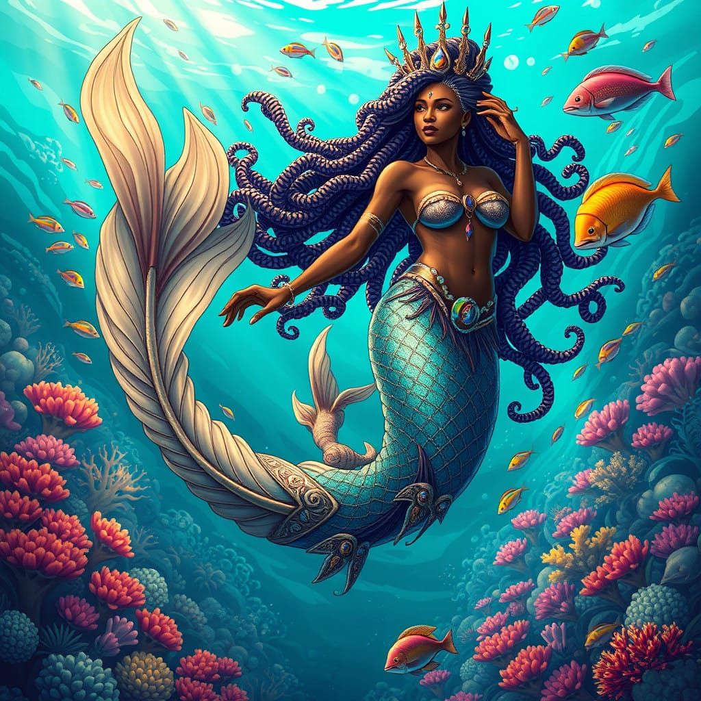 Majestic Mami Wata in Whimsical Oceanic Attire