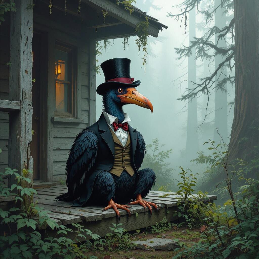 A whimsical, abandoned dodo bird sits on the porch of a rams...