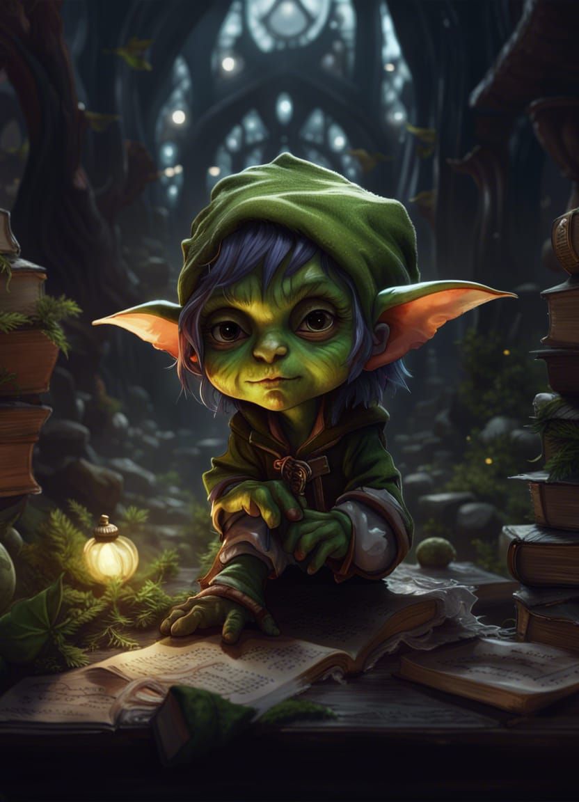 Chibi Goblin Student at Magic Academy in Dark Fantasy Style