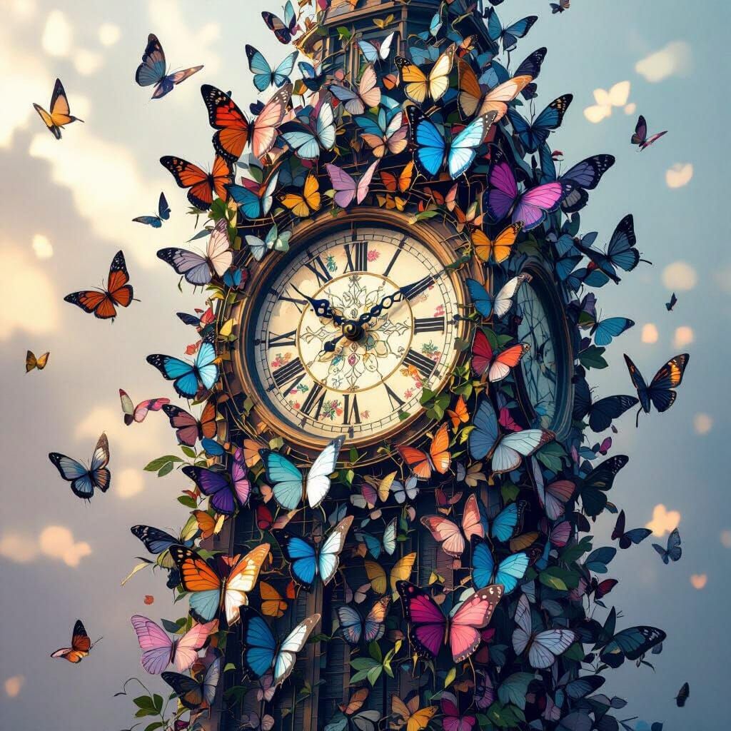 Butterfly Clock Tower in Surreal 3D Digital Art