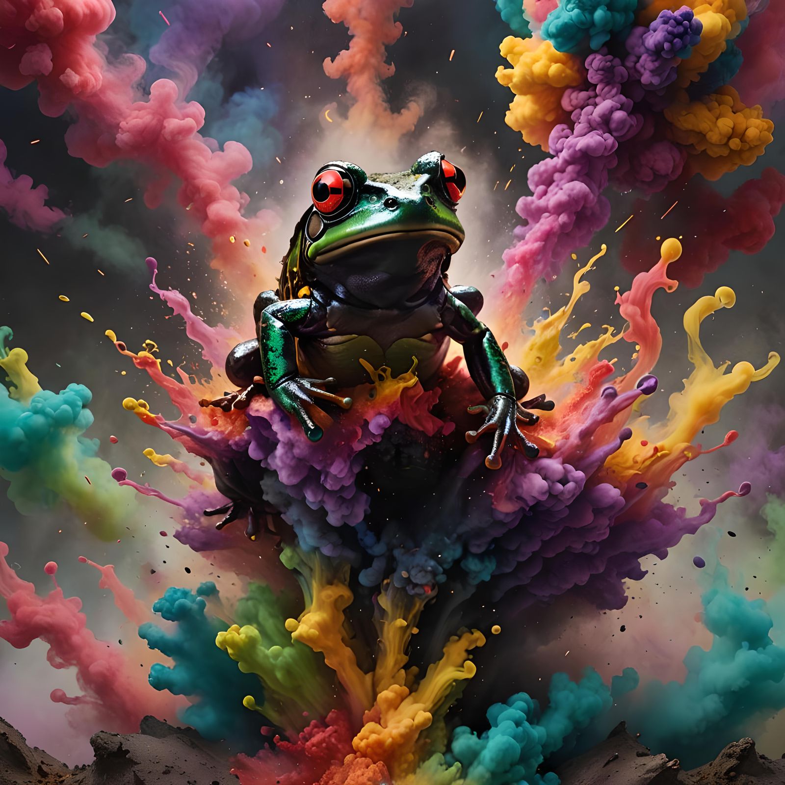 Black Frog Emerges from Colorful Smoke Explosion