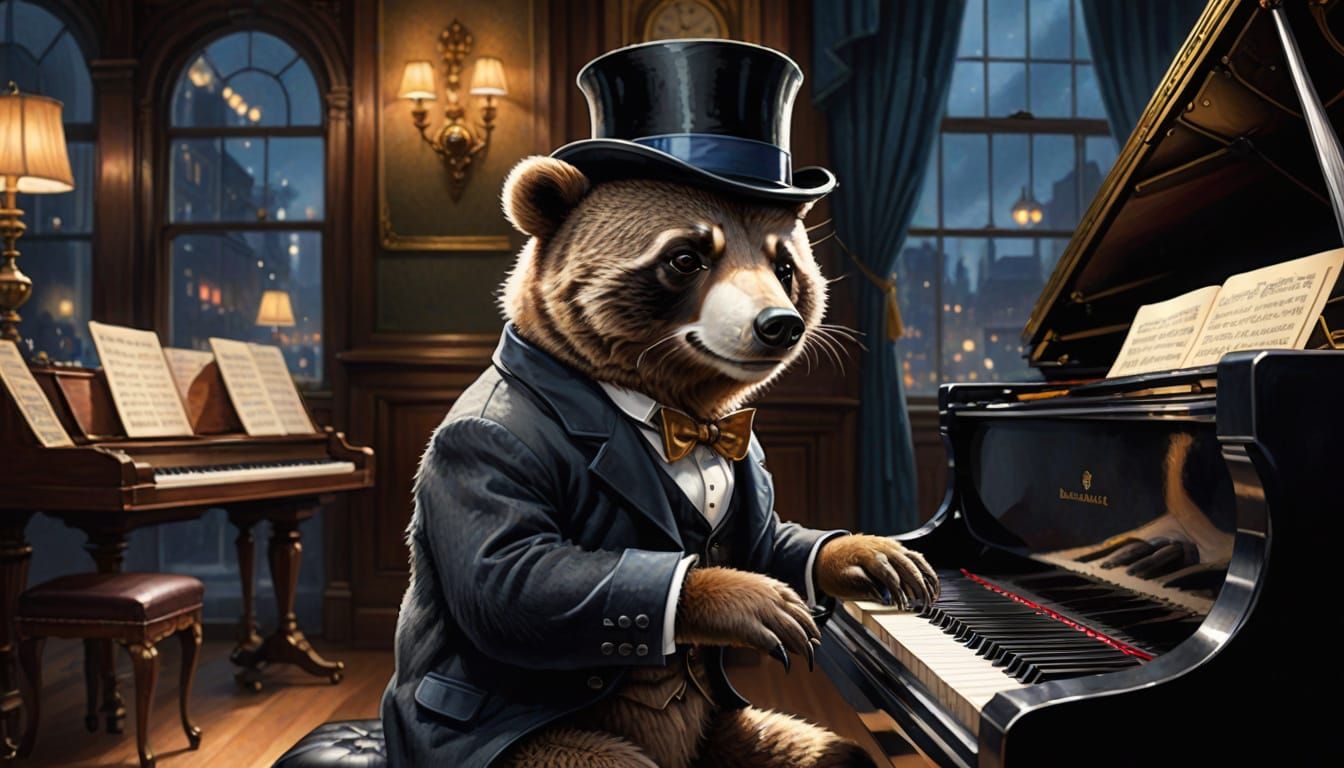 Vintage Cartoon Bear Plays Blues on Grand Piano in Jazz Club