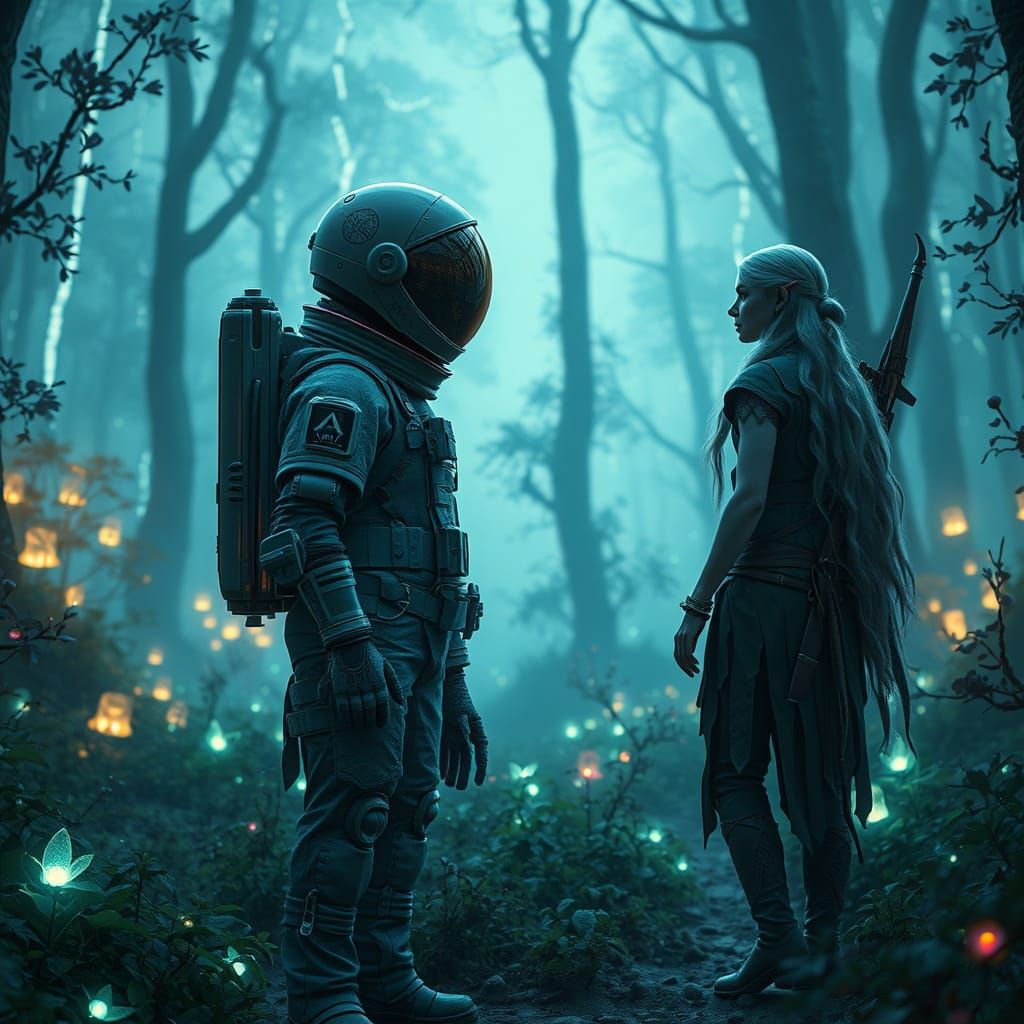 Astronaut Meets Enchanted Ranger in a Glowing Forest