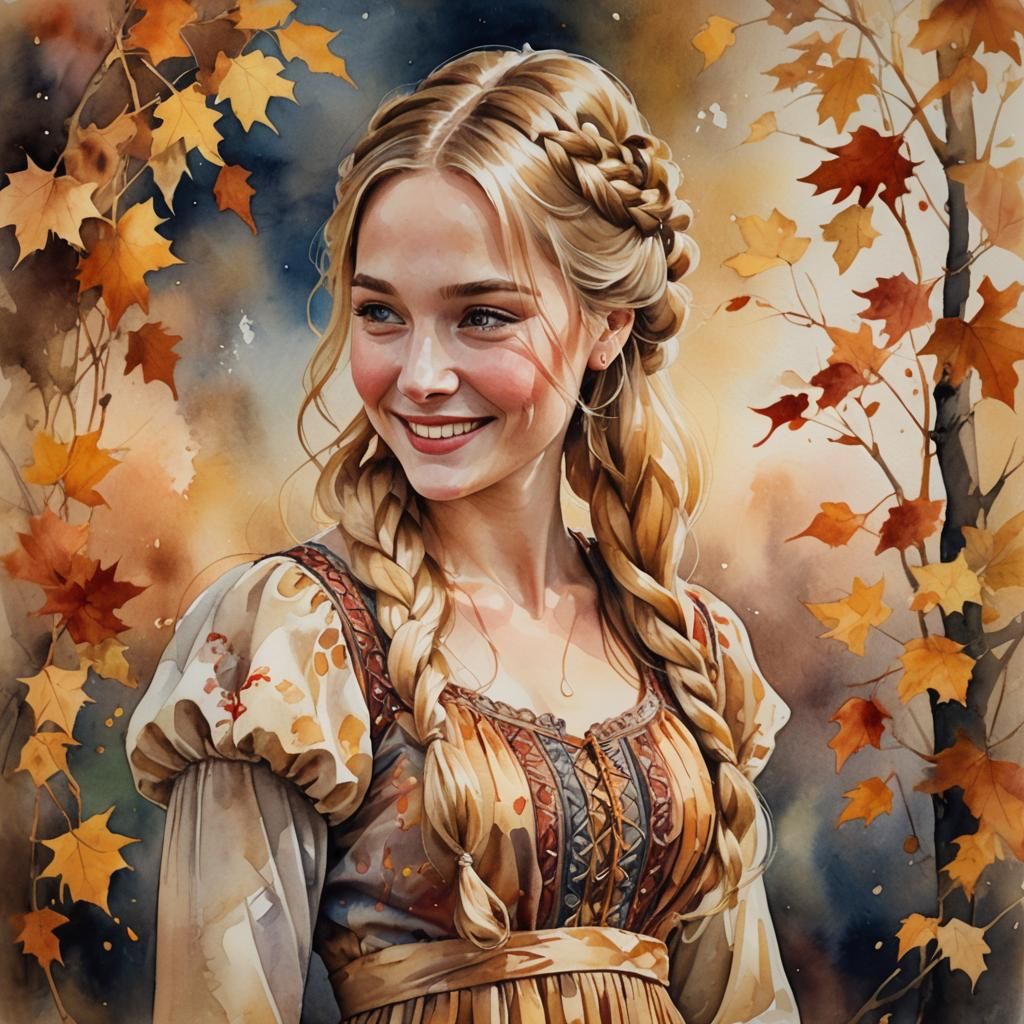 Whimsical Watercolor Portrait of Smiling Blonde Woman