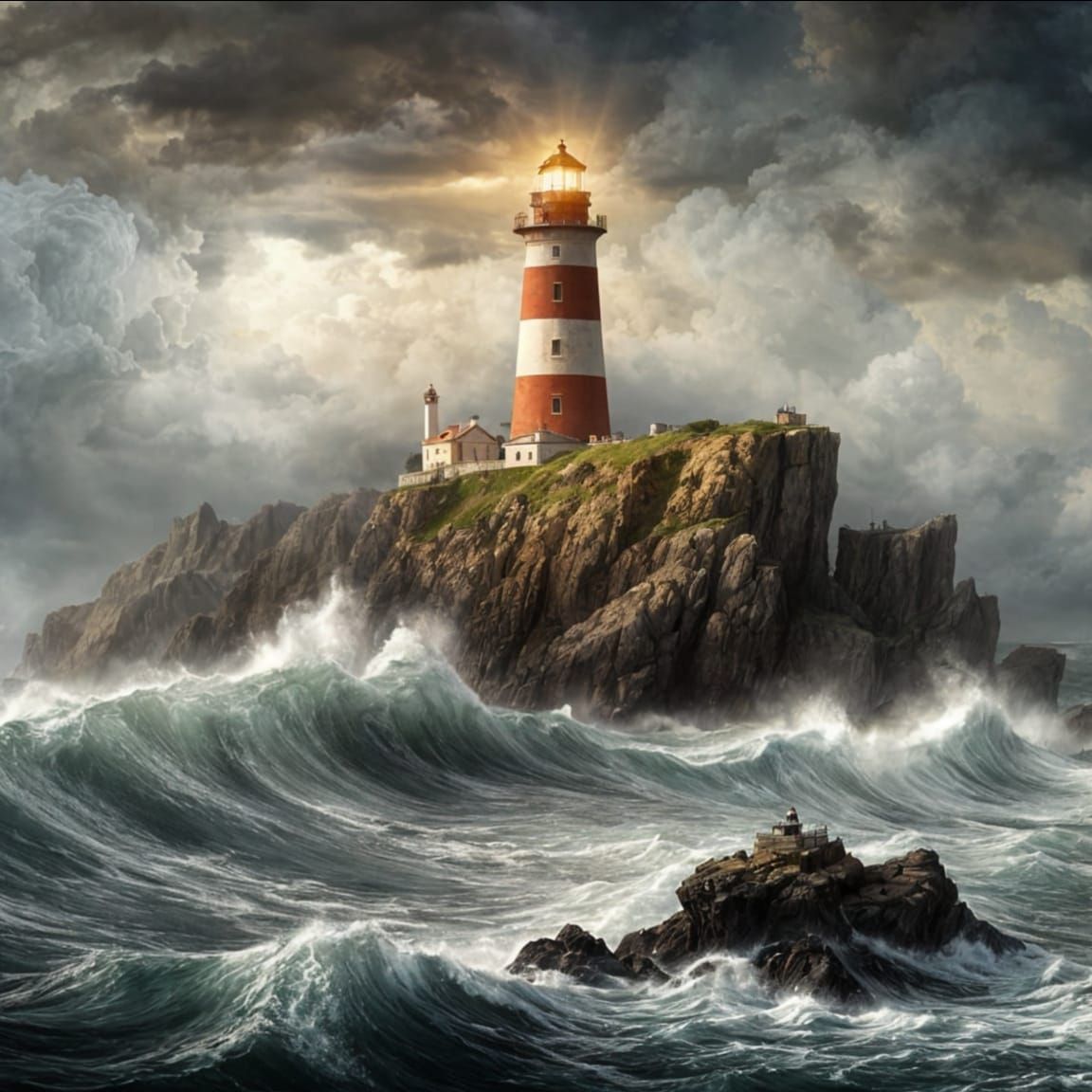 Lighthouse in Stormy Seas as Romantic Painting