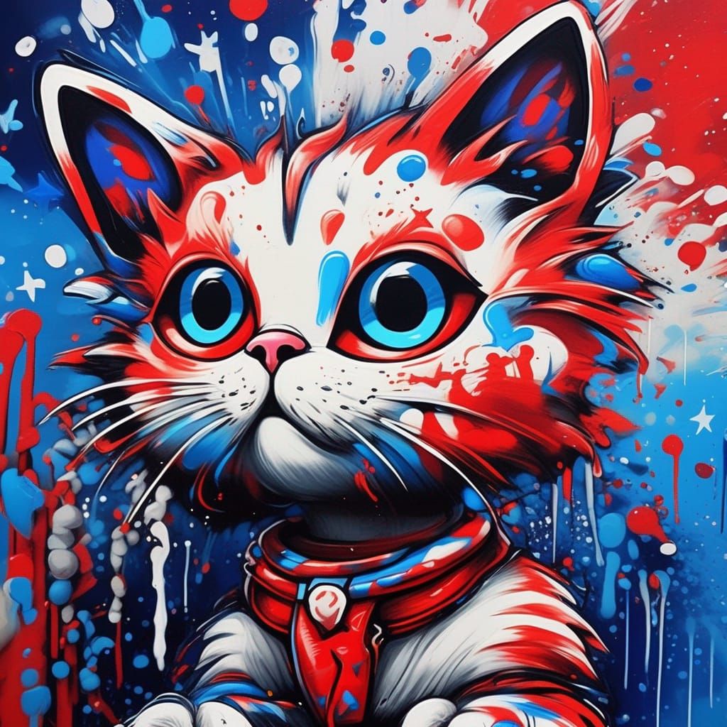 Patriotic Cartoon Cat Watches Fireworks in Graffiti Art