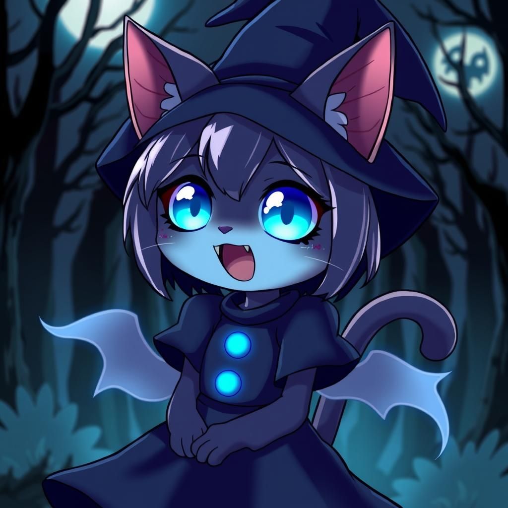 Anime Catgirl in Haunted Forest, Spooky Cute Style