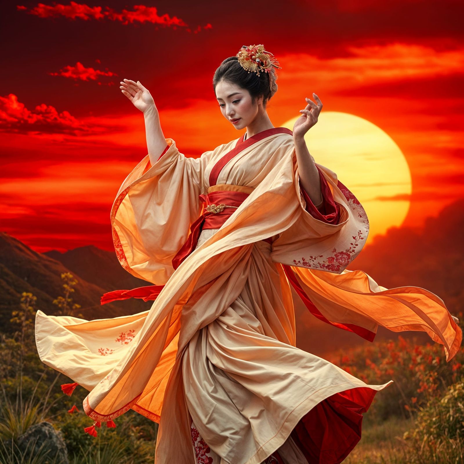 Vibrant Geisha in Crimson Sunset Dance