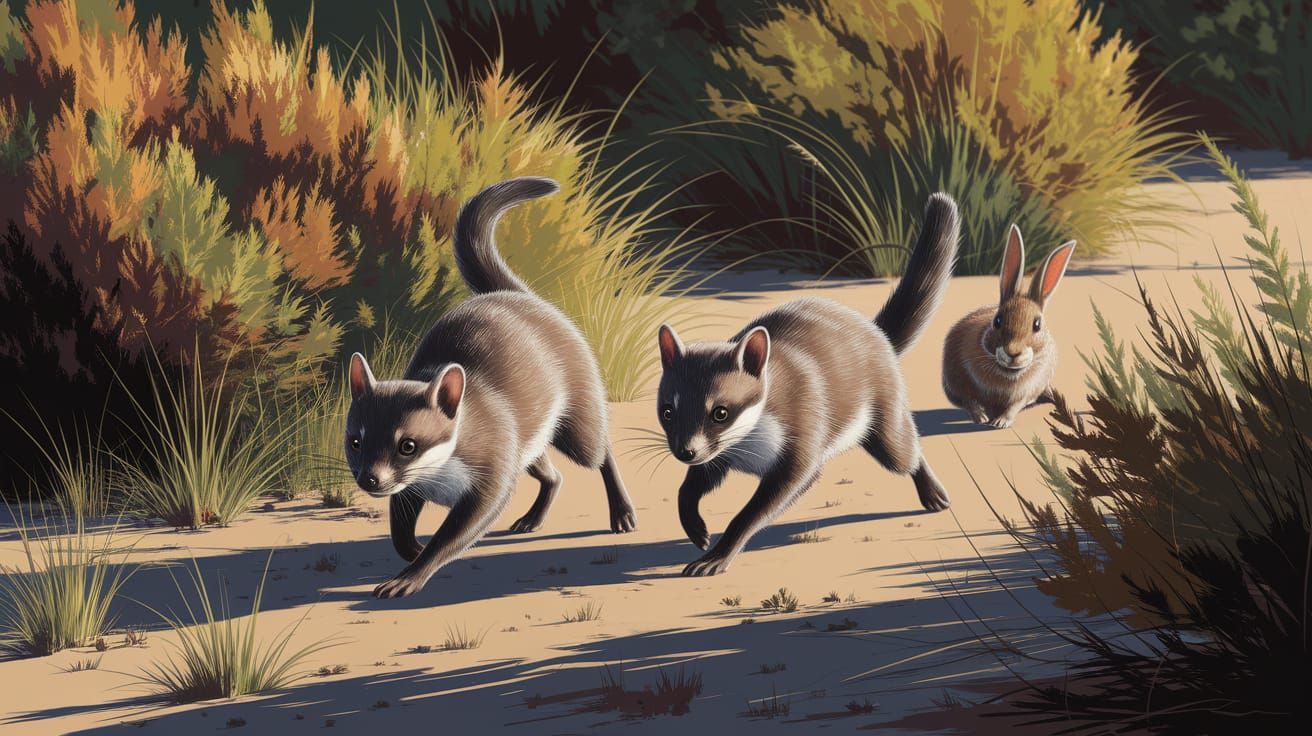 Stoats Chase Rabbit in Shrubland: Airbrush Art