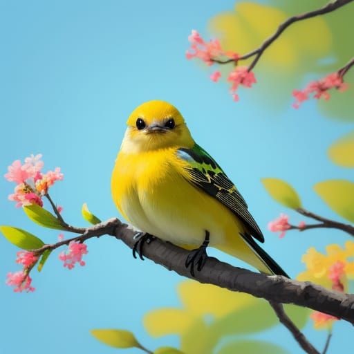 Vibrant Baby Bird Perched on a Branch in Matisse-Inspired Di...