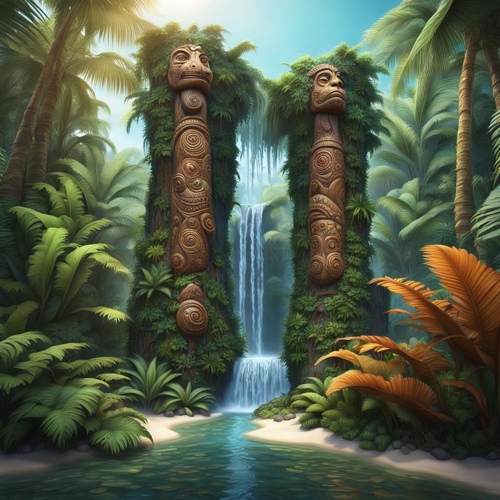 Peruvian Totem Sculpture in Exotic Jungle Lagoon