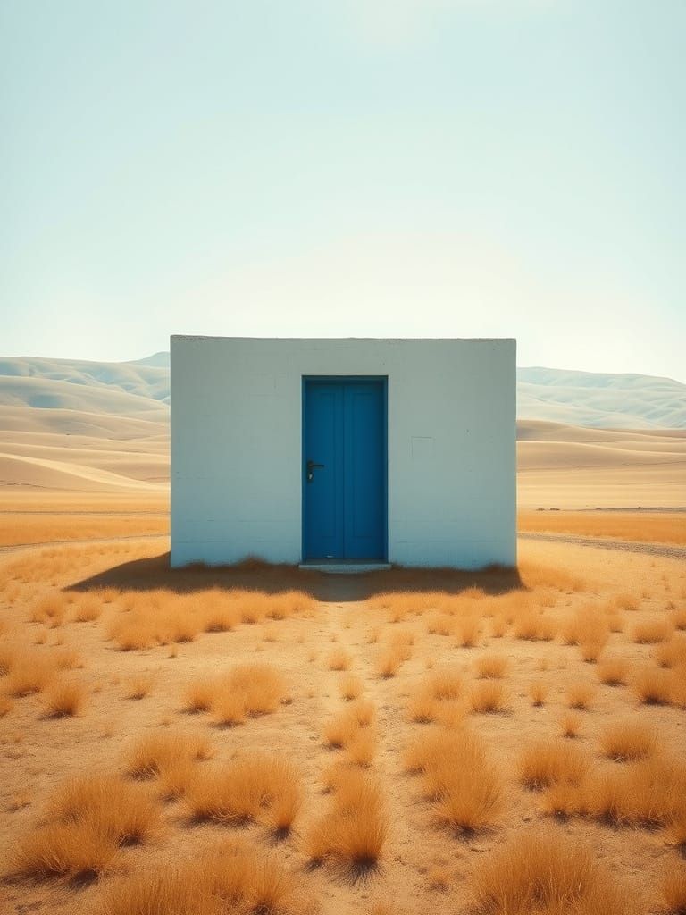 Majestic Blue Door Stands Alone in Serene Steppe Landscape