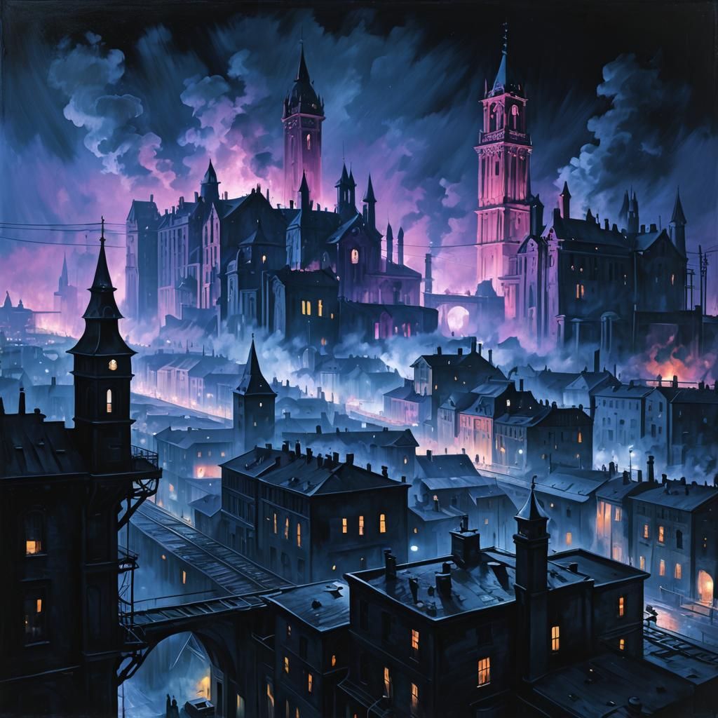 Gothic Noir Industrial City at Night