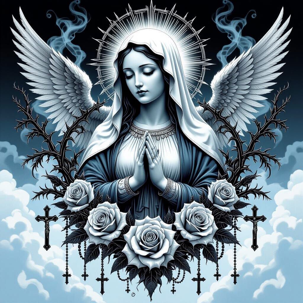 Virgin Mary Tattoo with Roses and Rosaries