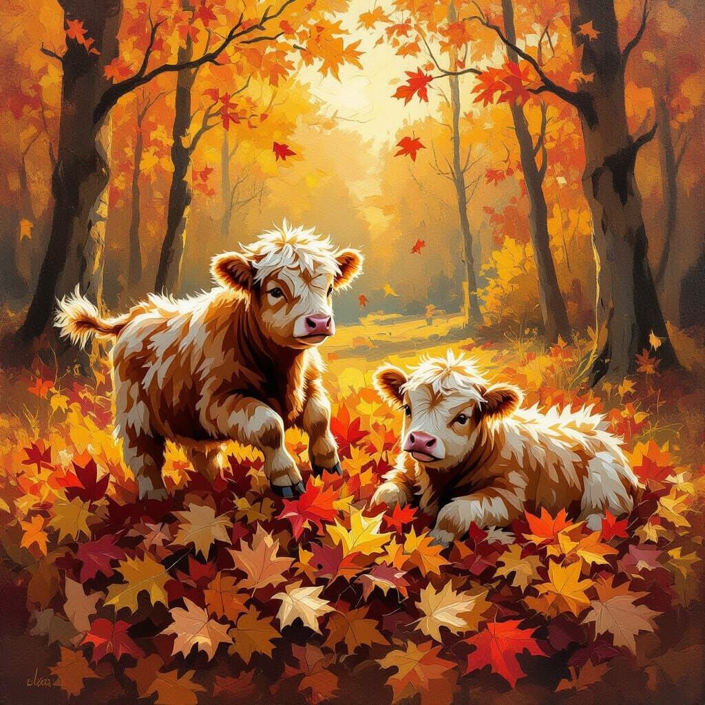 Oil painting of two fluffy baby Highland cows playing joyful...