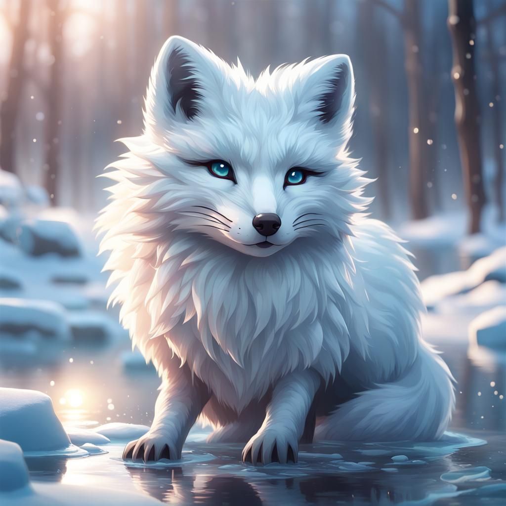 Chibi Arctic Fox Crossing Frozen River, Digital Art
