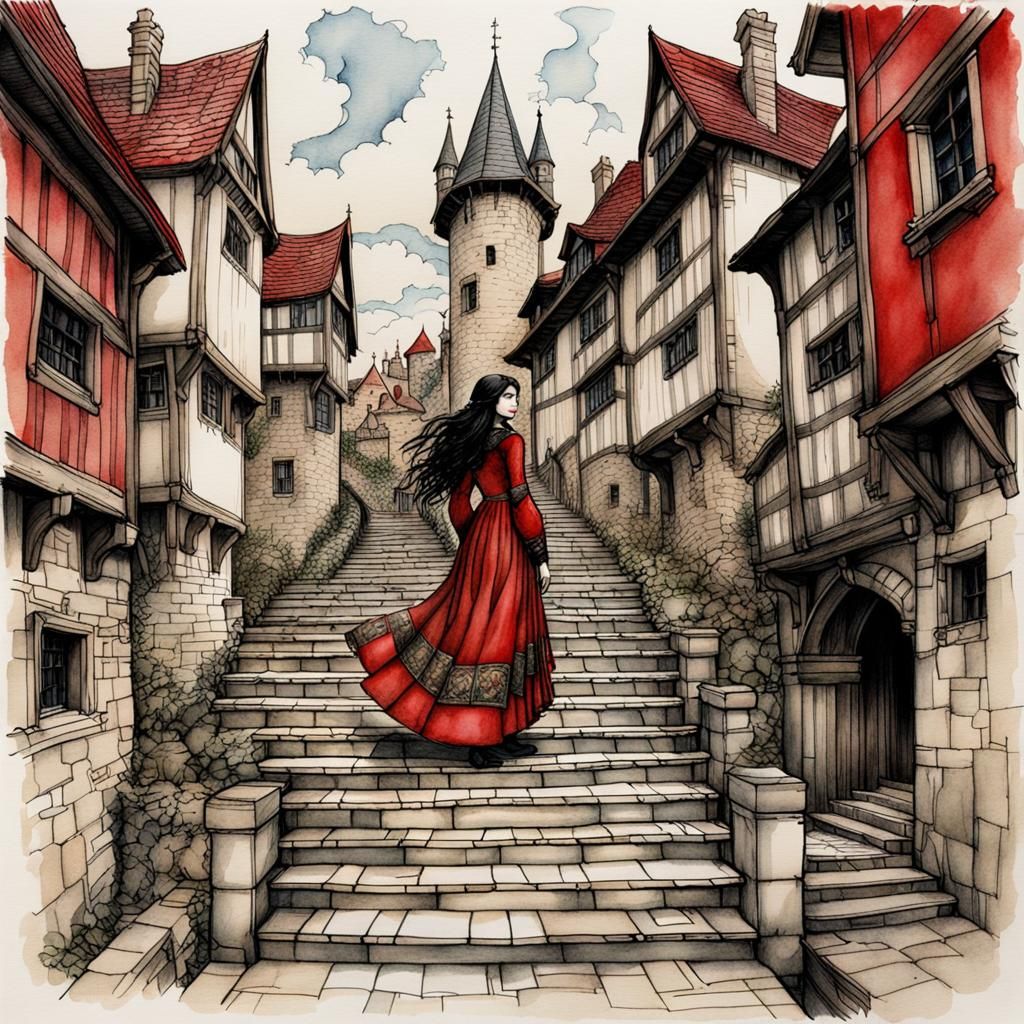 Medieval Girl on Stairs in Storybook Illustration