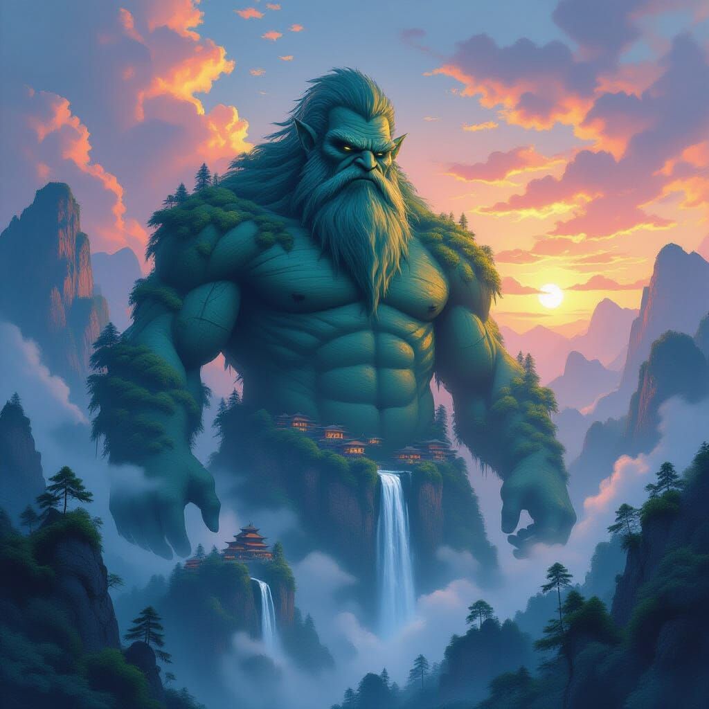 Colossal Ancient Troll as Living Mountain in Sunset