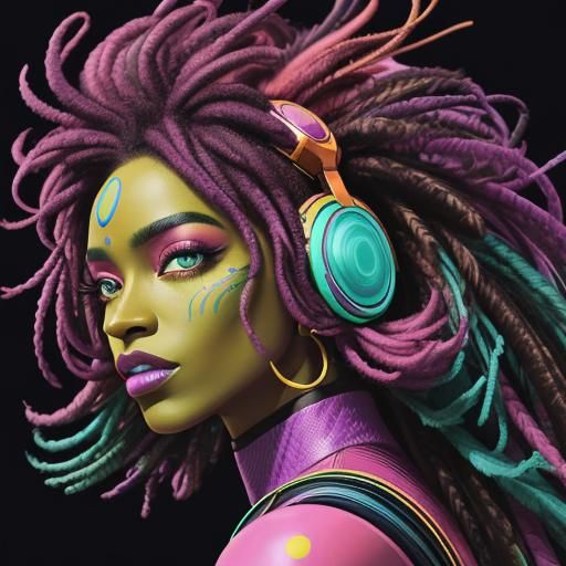 Vibrant Afrofuturist Portrait with Peacock Feather Hair