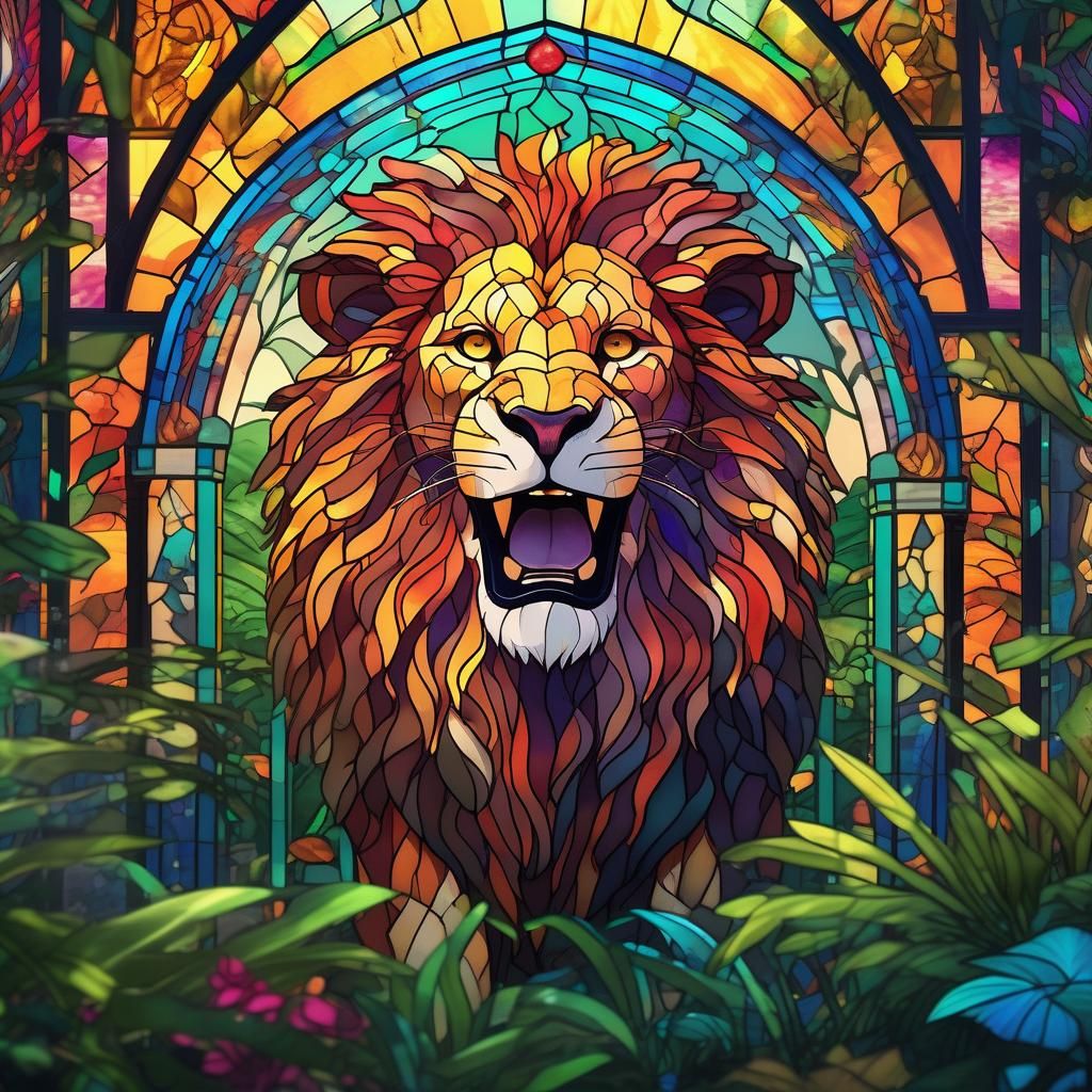 Majestic Lion Roaring: Stained Glass Art