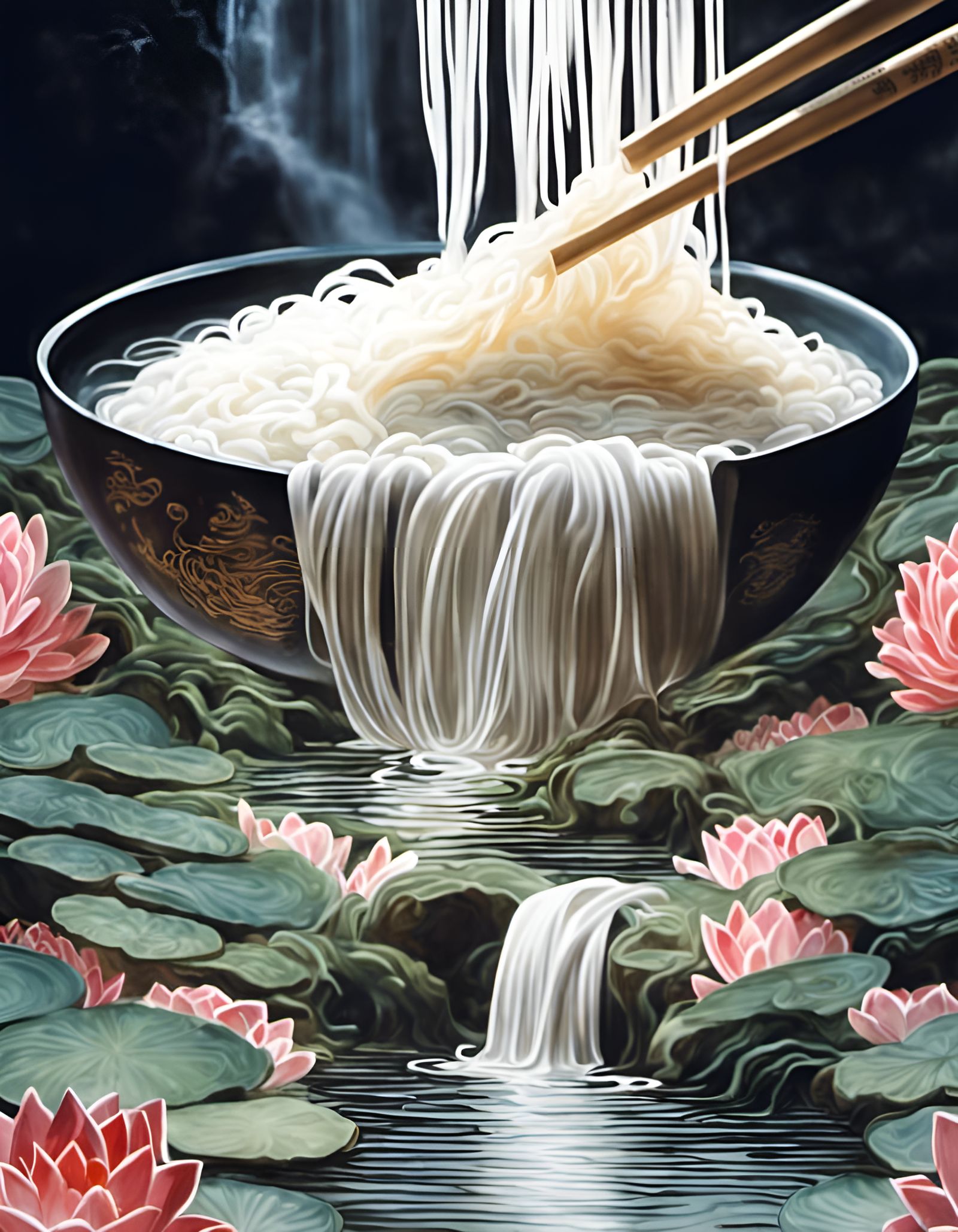 Ramen Noodle Waterfall in Romantic Garden