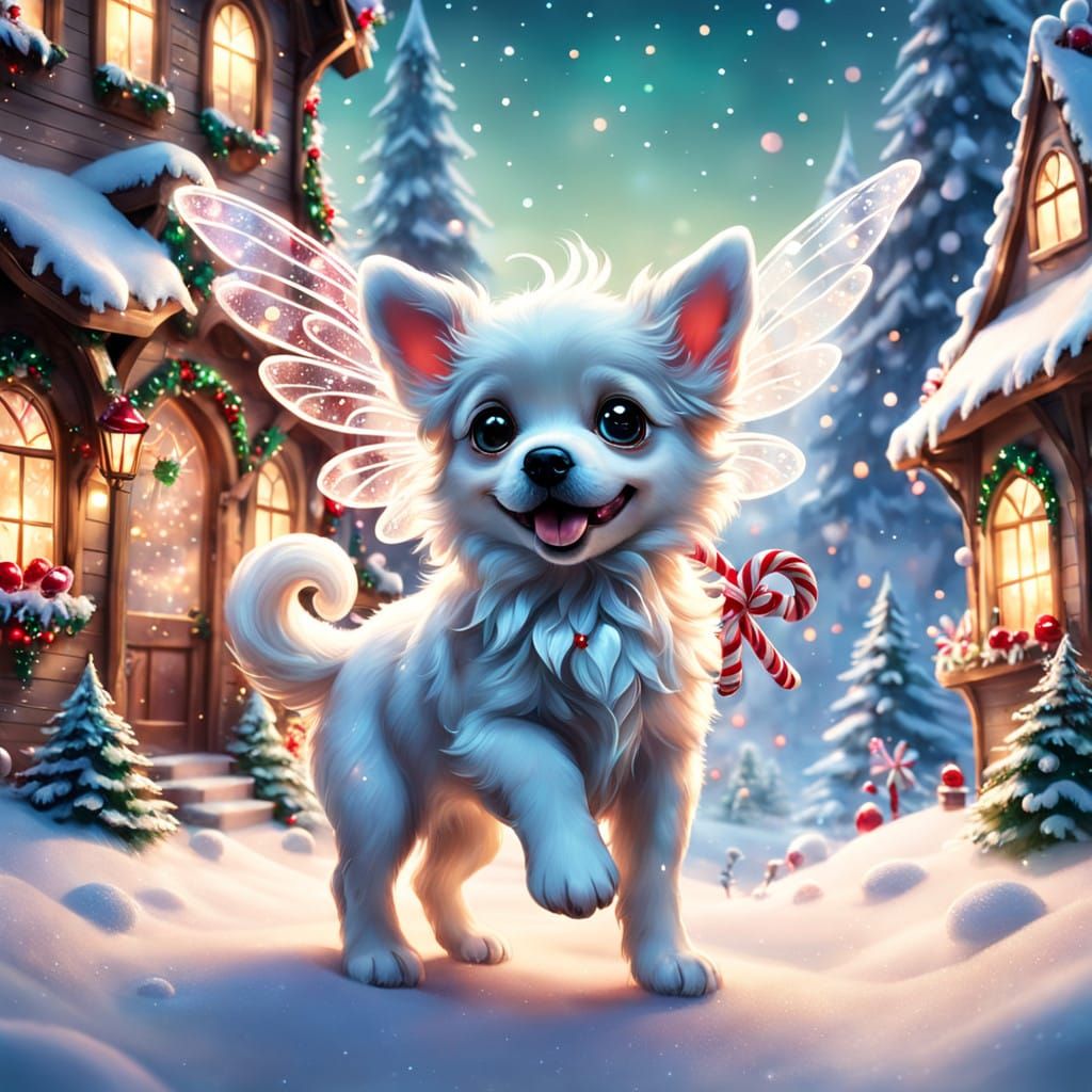Whimsical Christmas Wonderland with Glass Fairy and Puppy