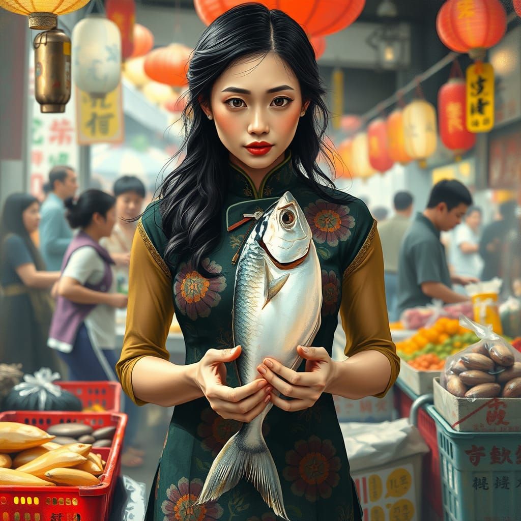 Woman Holds Milkfish Belly in Traditional Chinese Qipao Amid...