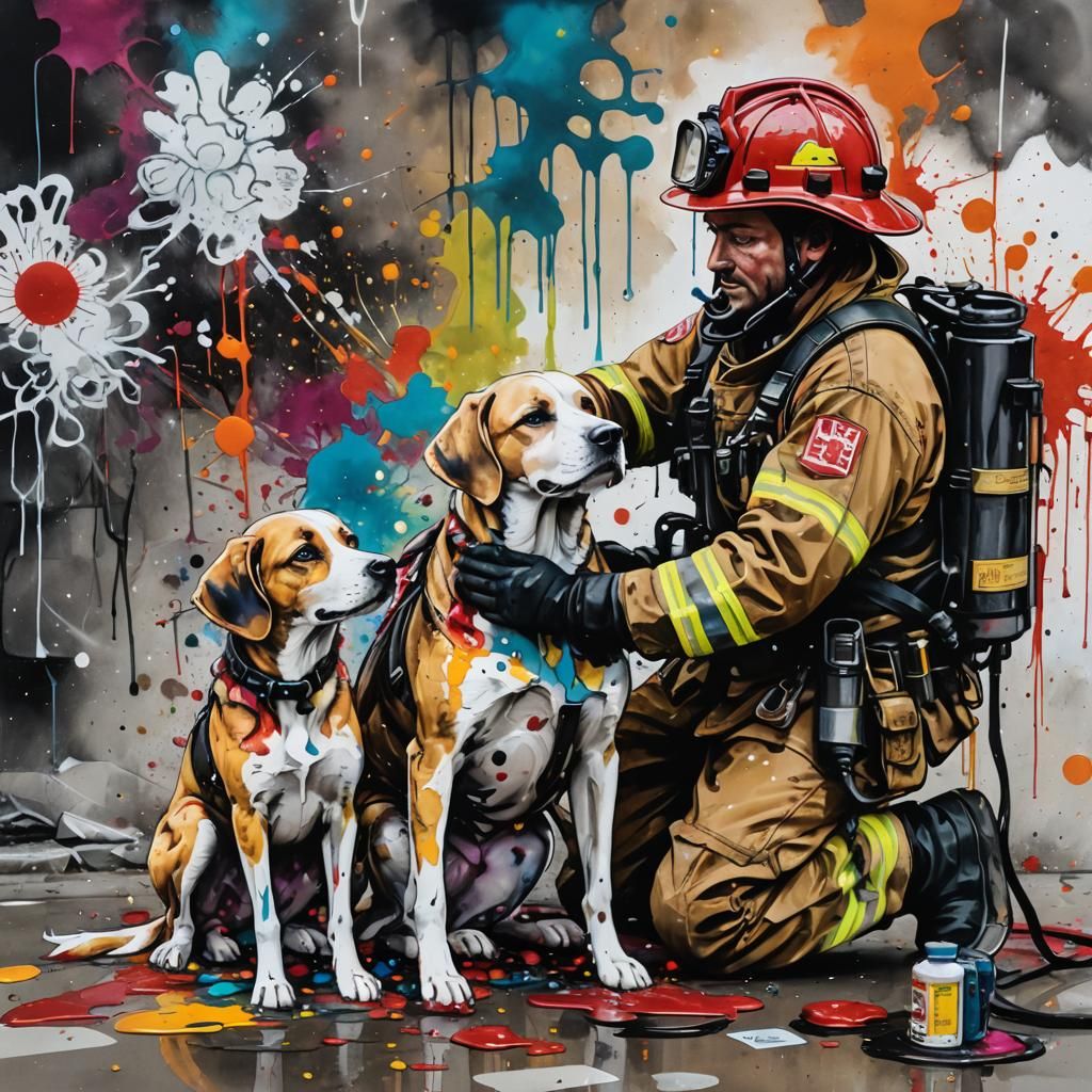 Fireman saves a girl's dog, ink, alcohol ink, blobs of paint