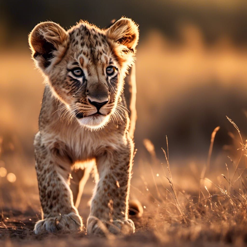 Hyperrealistic Lion Cub in African Savannah Photography