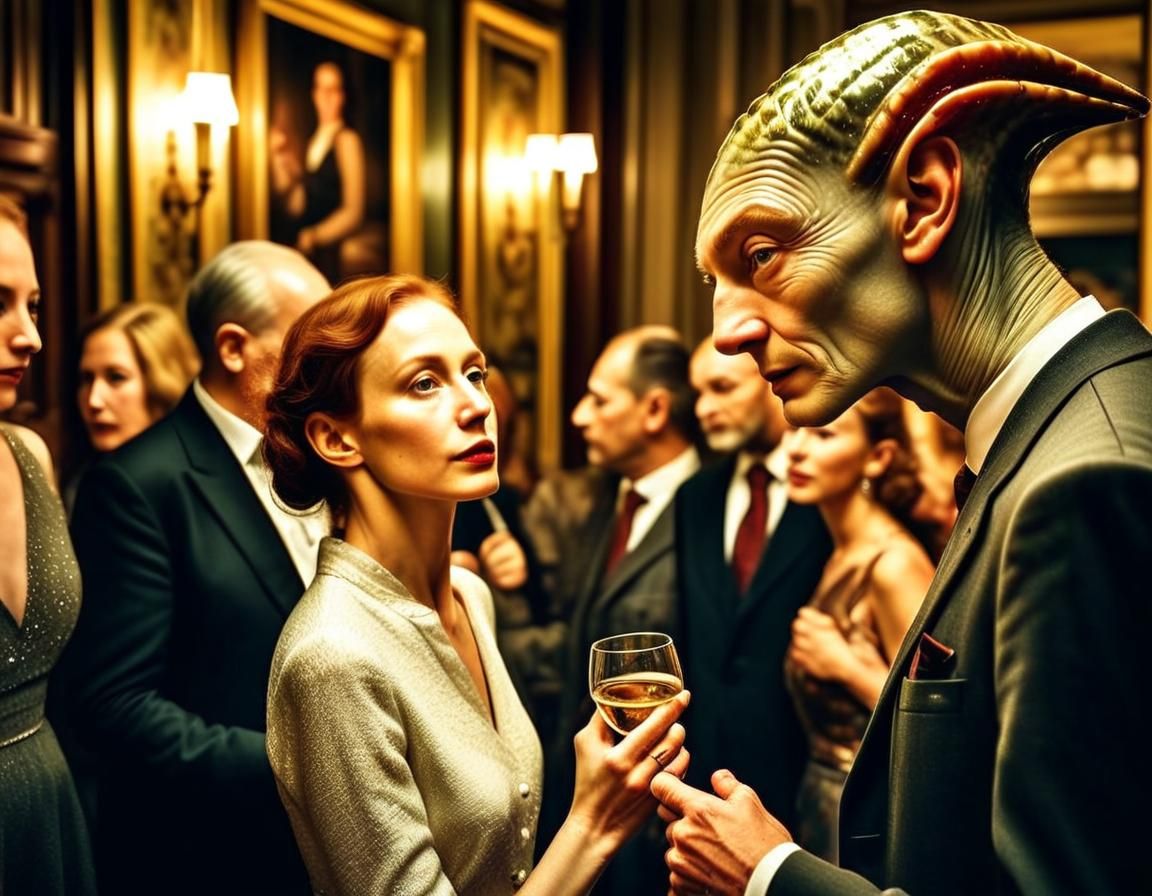 Hyperrealistic Photo of Aliens and Humans in City Home