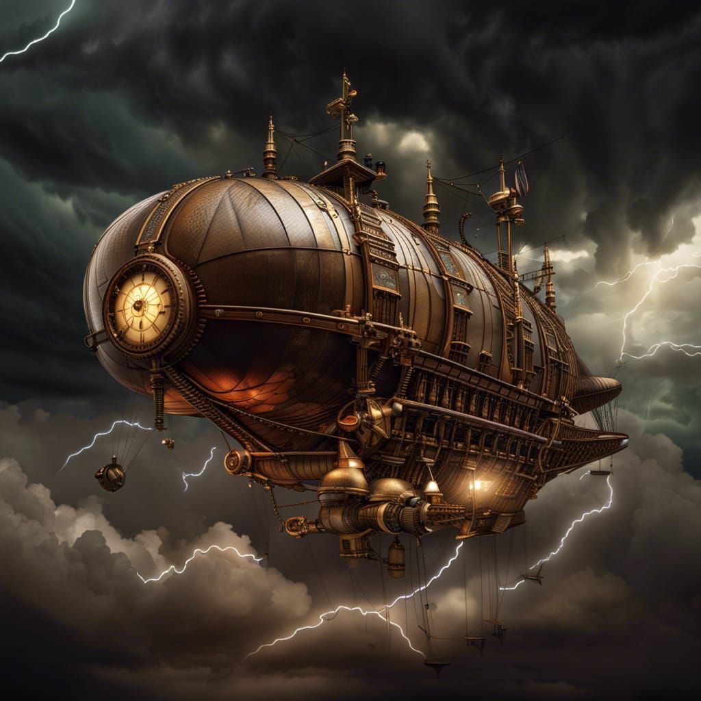 Steampunk Airship Soaring Through Stormy Skies