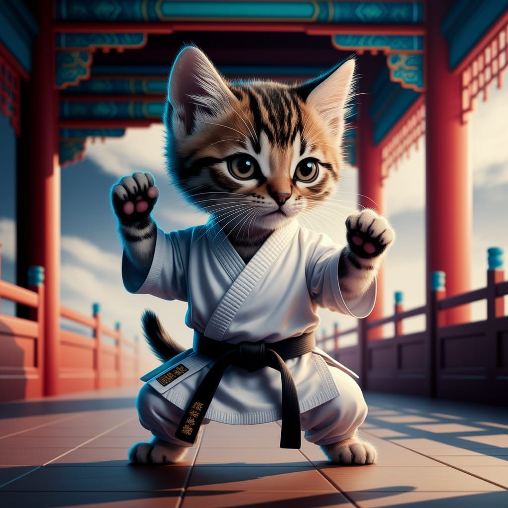 Fierce Kitten Karate Master in Chinese Landscape