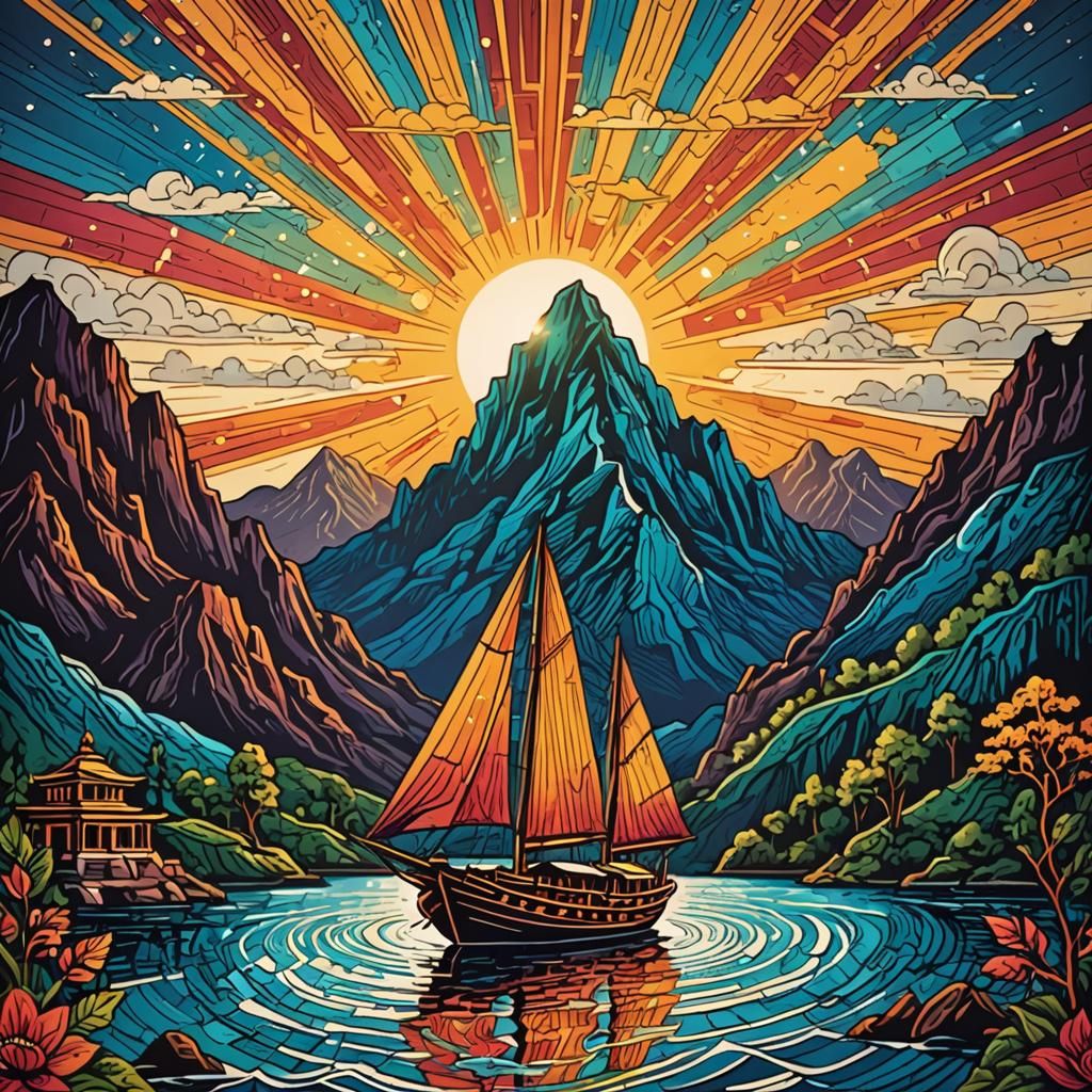 Woodcut Sailboat with Temple and Abstract Light