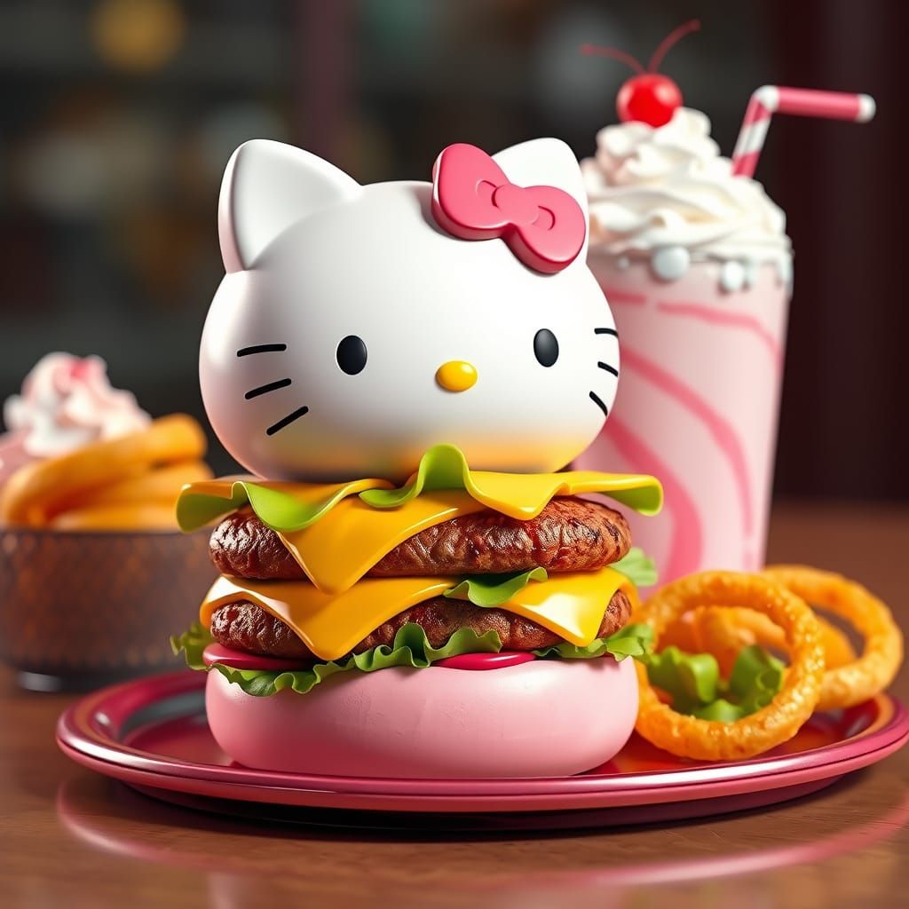 Kawaii Hello Kitty Cheeseburger with Sides in 3D Anime Style
