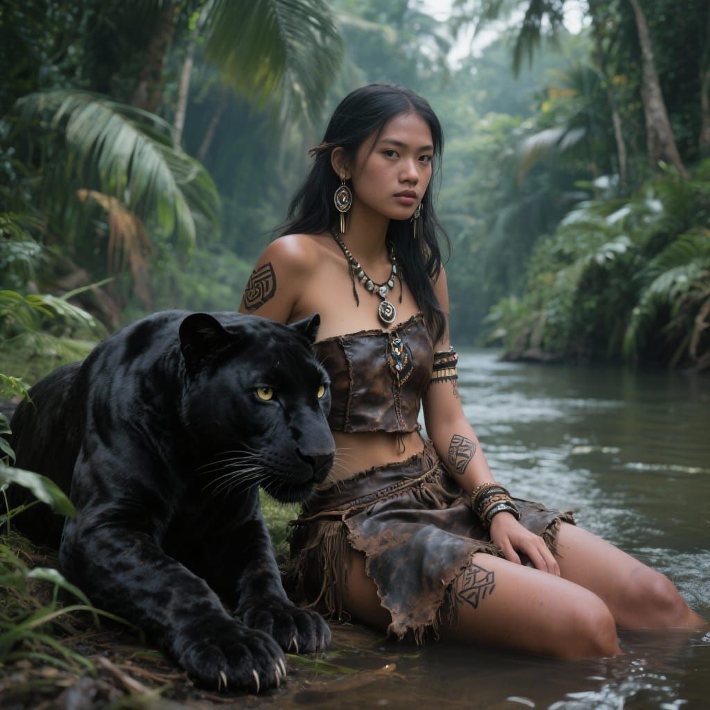 Lush Jungle Portrait of Woman and Panther