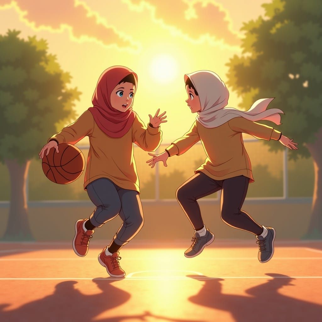 Anime Sisters Playing Basketball in Golden Hour Light