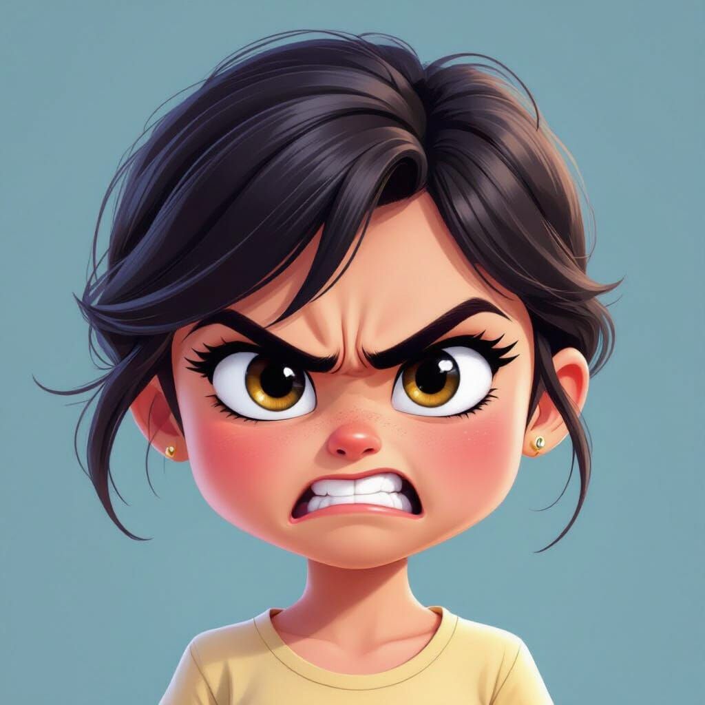 Comical Cartoon Girl's Angry Expression in Vibrant Animation...