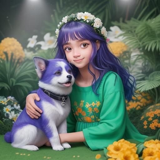 Girl and Dog in Enchanted Garden at Sunset