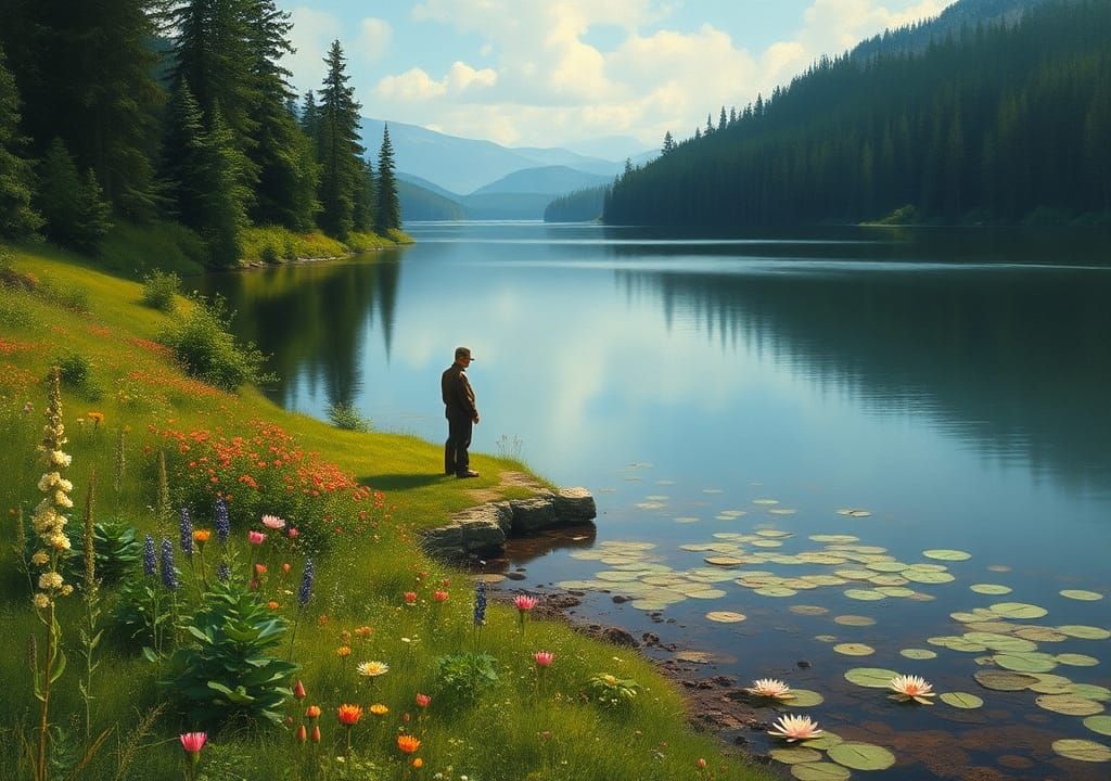 Lone Figure by Lake in Realistic Landscape Art