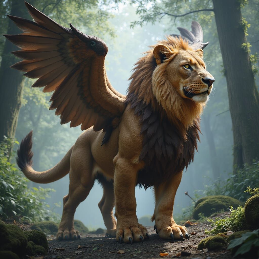 Majestic Dragon Lion Eagle Hybrid in a Mystical Forest
