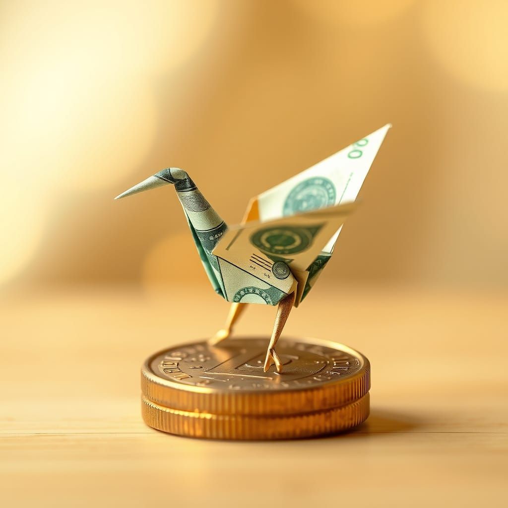 Origami Dollar Bill Crane on Gold Coin
