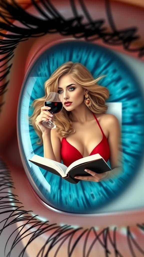 Giant Blue Eye Reveals Serene Woman Reading and Drinking Win...